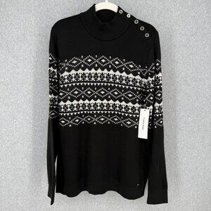 Calvin Klein Womens Mock Button Neck Sweater Size L Black White Faire Isle NEW